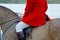 Red hunting jacket, white breeches & riding boots