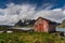 Red hut on the shores of a fjord, Lofoten Islands, Norway