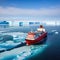 Red icebreaker in the middle of Arctic at