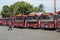 Red intercity buses parked on the Central Bus Station. Colombo