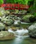 Red Japanese bridge over river below waterfall