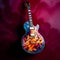 Red Jazz Guitar on a cherry color background. Art watercolor illustration of a new beautiful electric jazz guitar on colorful