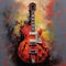 Red Jazz Guitar on a grunge background. Acrylic painting. Art watercolor illustration of an old electric jazz guitar on colorful