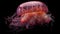 Red Jellyfish dansing in the dark blue ocean water, generative ai