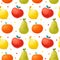 Red juicy apples, tangerines, pears and lemons on a white background. Seamless pattern