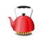 Red kettle with boiling water on kitchen stove flame