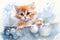 a red kitten bathes in a bubble bath, watercolor illustration