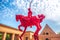 Red knight and horse with pyramid background at the Masone Labyrinth Museum in Fontanellato - Parma - Italy