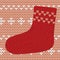 Red knitted sock on seamless pattern.