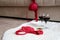 Red lace panties, bra, condom and two wine glasses on the fur rug on a floor near sofa