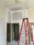 Red ladder in a home remodel showing sheetrock repair work on the ceiling