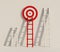 A red ladder reaching one dartboard on wall. Concept of reaching target or goal. 3D rendering illustration.
