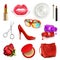 Red ladies handbag with cosmetics and accessories