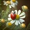 Red ladybug on camomile flower, ladybird creeps on stem of plant in spring in garden in summer