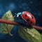 Red ladybug climbing on a stick in the grass, Nature outdoors, flora and fauna