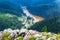 Red Lake Lacu Rosu in Bicaz Gorge Cheile Bicazului, Neamt county, Romania, as seen from above, from the Suhardul Mic peak