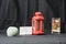 Red lantern With bowl with sand. Photographic opening exercise aperture