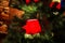 Red lanterns on a branch of a Christmas tree on a red brick wall background