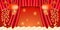 Red Lanterns and curtain, burning realistic fireworks for Chinese New Year. Ornament or decoration for greeting card
