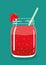 Red layered berry smoothie in mason jar with strawberry and swirled straw. Vector hand drawn illustration.