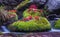 Red leaf on wet moss stone in water