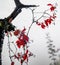 Red leaf of woodbine plant on tree trunk in mist