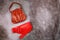 Red leather handbag and belt, retro styled