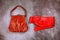 Red leather handbag and belt, retro styled