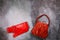 Red leather handbag and belt, retro styled
