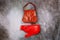 Red leather handbag and belt, retro styled