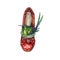 Red leather heel shoes front view with green hummingbird sitting in nest inside, hand painted watercolor with ink drawing