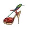 Red leather heel shoes with green hummingbird sitting on it, hand painted watercolor with ink drawing