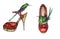 Red leather heel shoes with green hummingbird sitting in nest inside and other one on stilettos shoes sandals