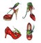 Red leather kitten heel shoes with green European mantis and green lizard on it, heel shoes with green hummingbird sitting in nest