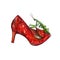 Red leather kitten heel shoes with green European mantis Mantis religiosa on it, hand painted watercolor with ink drawing