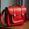 a red leather satchel handbag, silver double clasp with shoulder strap and handle. generative ai