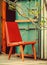 Red Leather Substitute Chair next to the Steel Door,Country Cottage Vacation,Holidays,Country Village,Toned