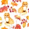Red leaves, fox animal. Seamless autumn pattern. Watercolor
