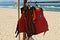 Red life vests on a sandy beach