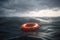 Red lifebuoy thrown overboard in the black sea. Generative ai