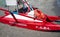 Red lifeguard rescue boat. The word `Salvataggio, Rescue` written on the boat. Riviera Romagnola, Italy