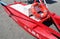 Red lifeguard rescue boat. The word `Salvataggio, Rescue` written on the boat. Riviera Romagnola, Italy