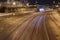 Red Light trails and police lights on the interstate at night downtown Atlanta