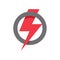 Red lightning icon in circle shape, power, strength, win symbol on white background.