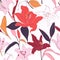 Red lilies hand-drawn background. Vector summer flowers, isolated botany pattern. Garden bloom fabrics, flowery wrapping paper