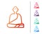 Red line Buddhist monk in robes sitting in meditation icon isolated on white background. Set color icons. Vector