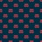 Red line Passenger train cars toy icon isolated seamless pattern on black background. Railway carriage. Vector