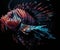 A red lionfish swimming in the dark water. Generative AI image.