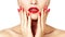 Red lips and bright manicured nails. open mouth. Beautiful manicure and makeup. Celebrate make up and clean skin