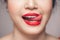 Red Lips closeup. Make up concept. Beautiful Perfect Lips.